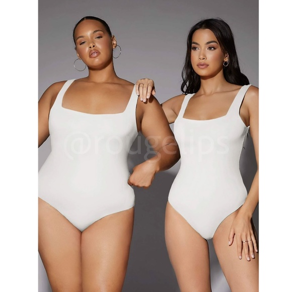 White Bodysuit Square Neck Slim Fit Stretchy - Picture 6 of 9